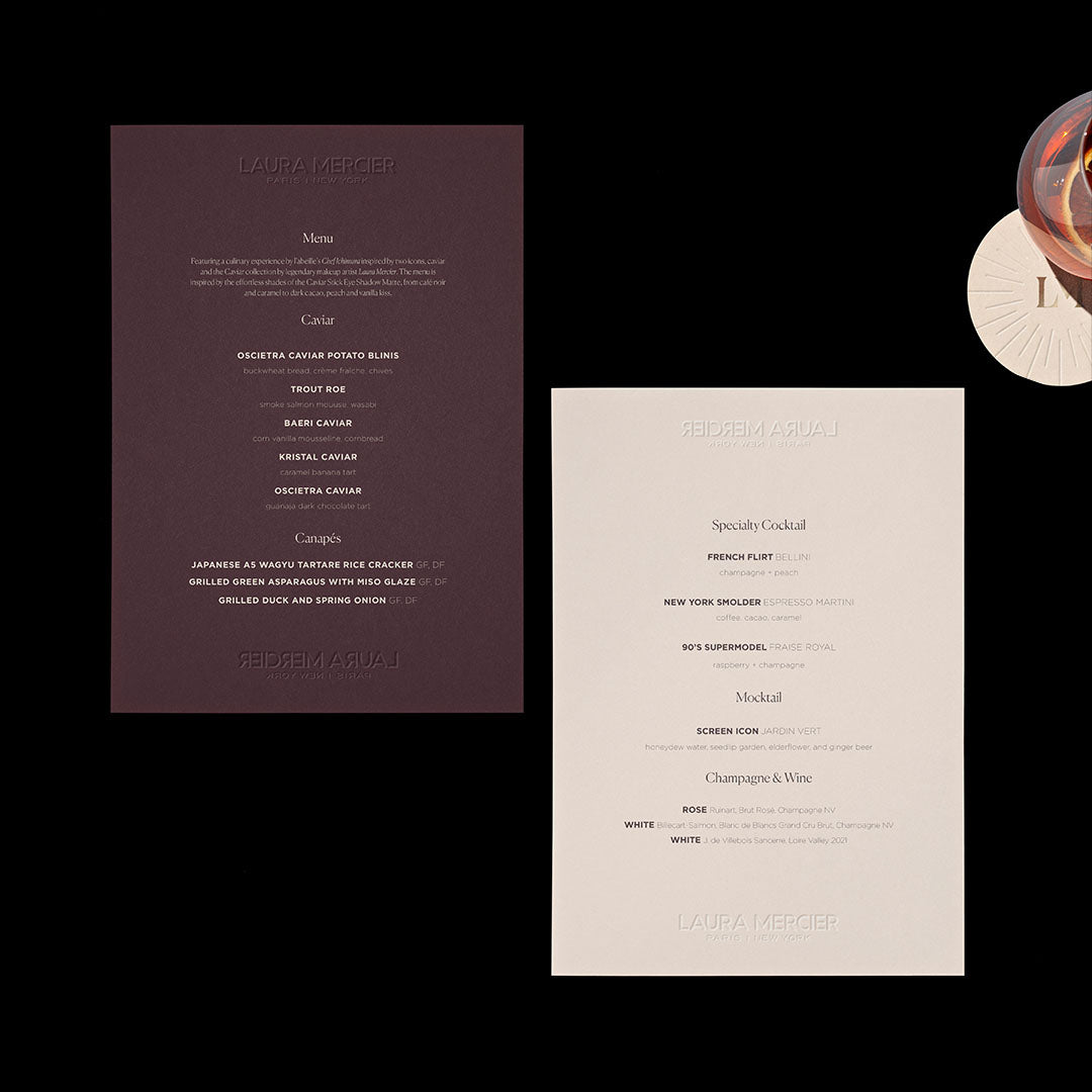 laura mercier caviar eye shadow event food menu design at l'abeille new york city