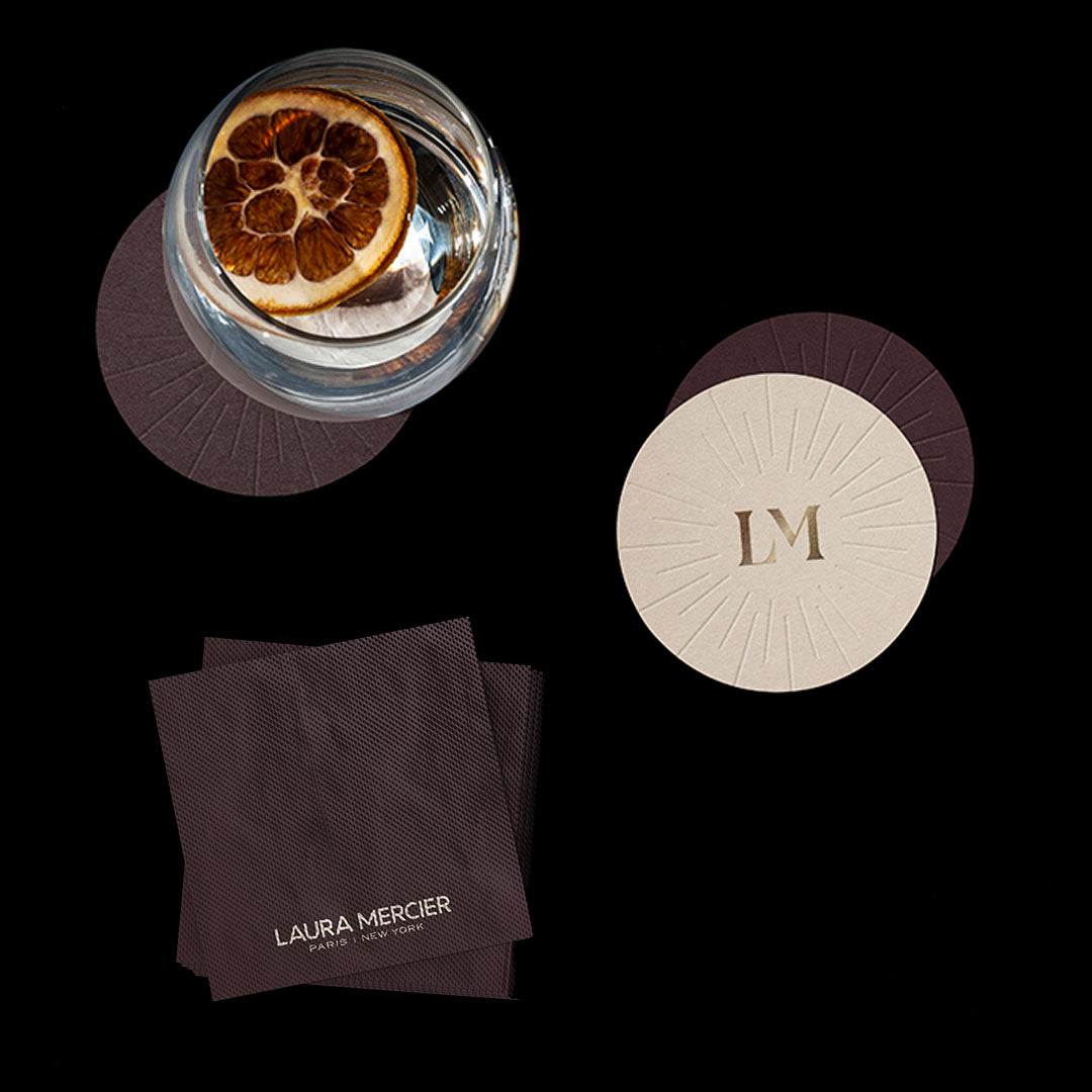 custom coasters and napkin for laura mercier event