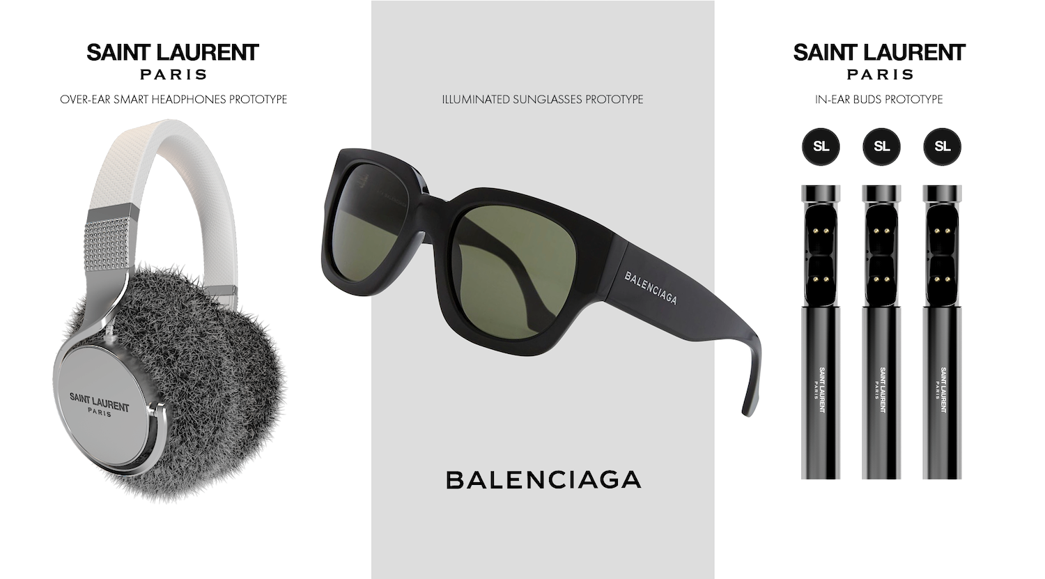 muzik connect kering group smarphone smart glasses and in-ear prototypes saint laurent and balenciaga