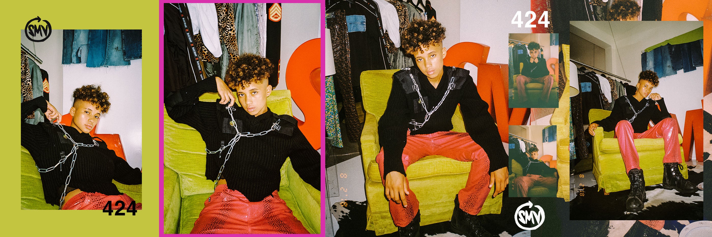 sami miro vintage pink snake pants with chain sweater lookbook collage by kristen bromiley