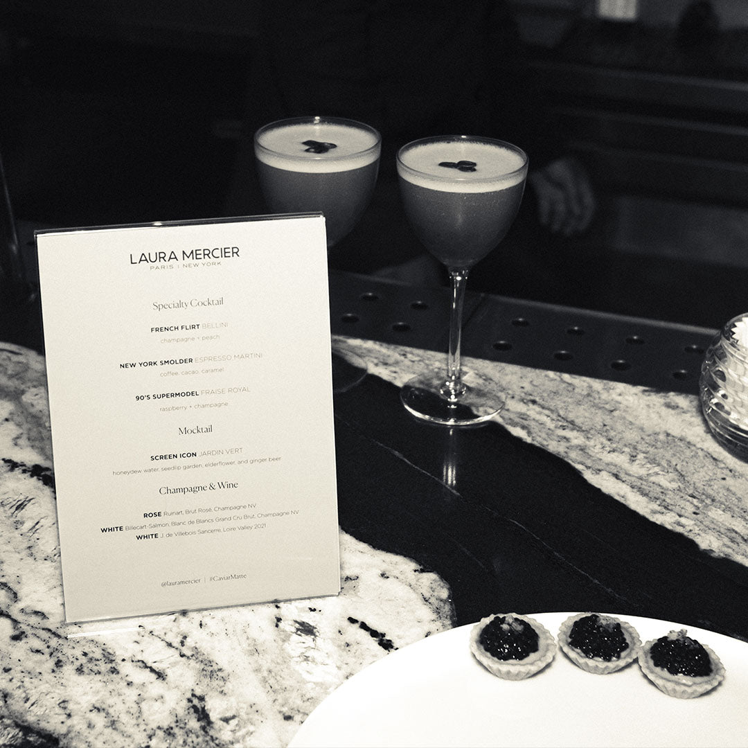 custom drink menu for laura mercier with espresso martinis and caviar canapes
